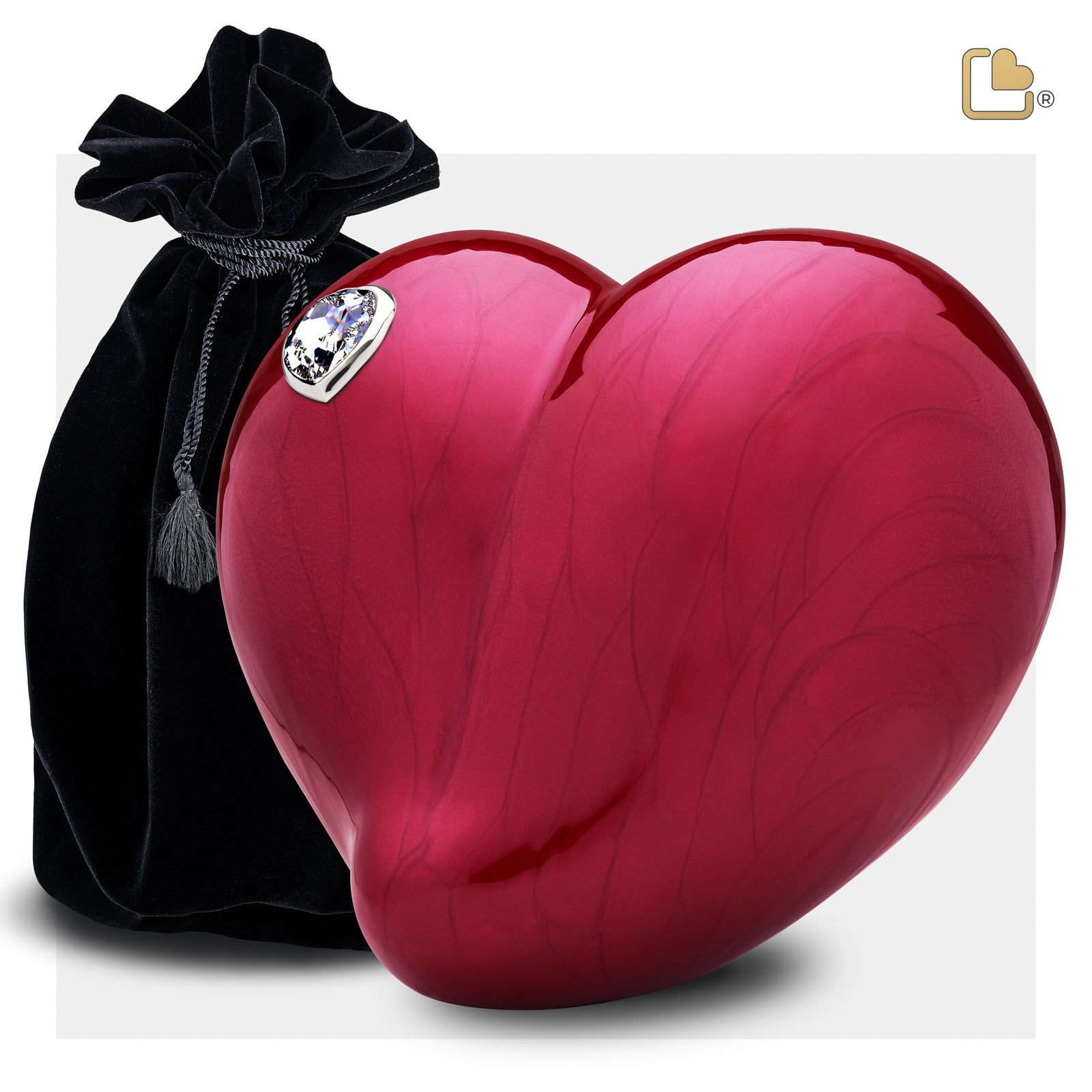 A1000 LoveHeart Standard Adult Urn Pearl Red & Pol Silver w/Crystal