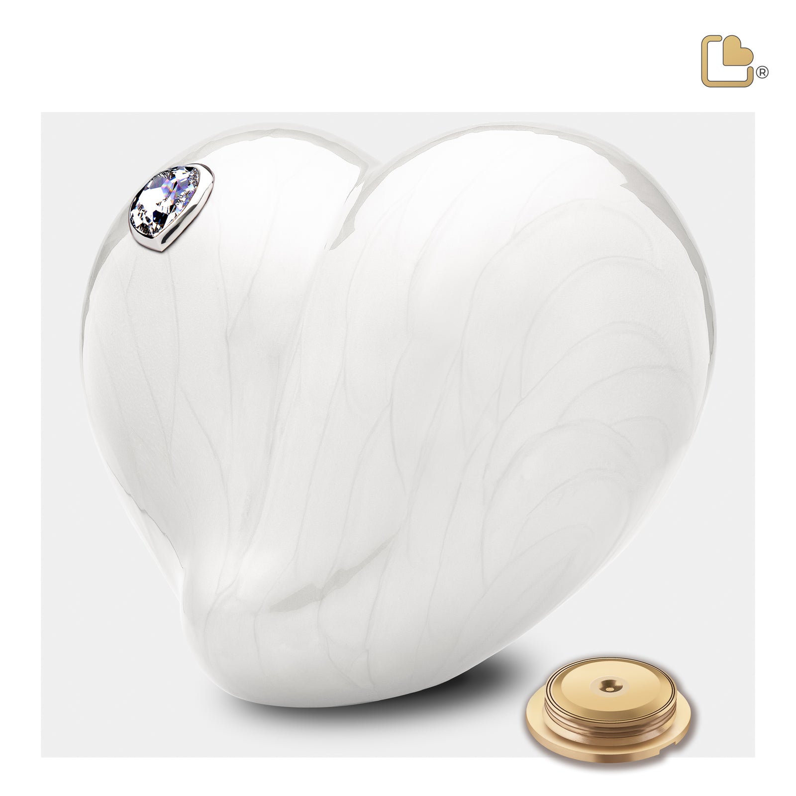 A1003 LoveHeart Standard Adult Urn Pearl White & Pol Silver w/Crystal