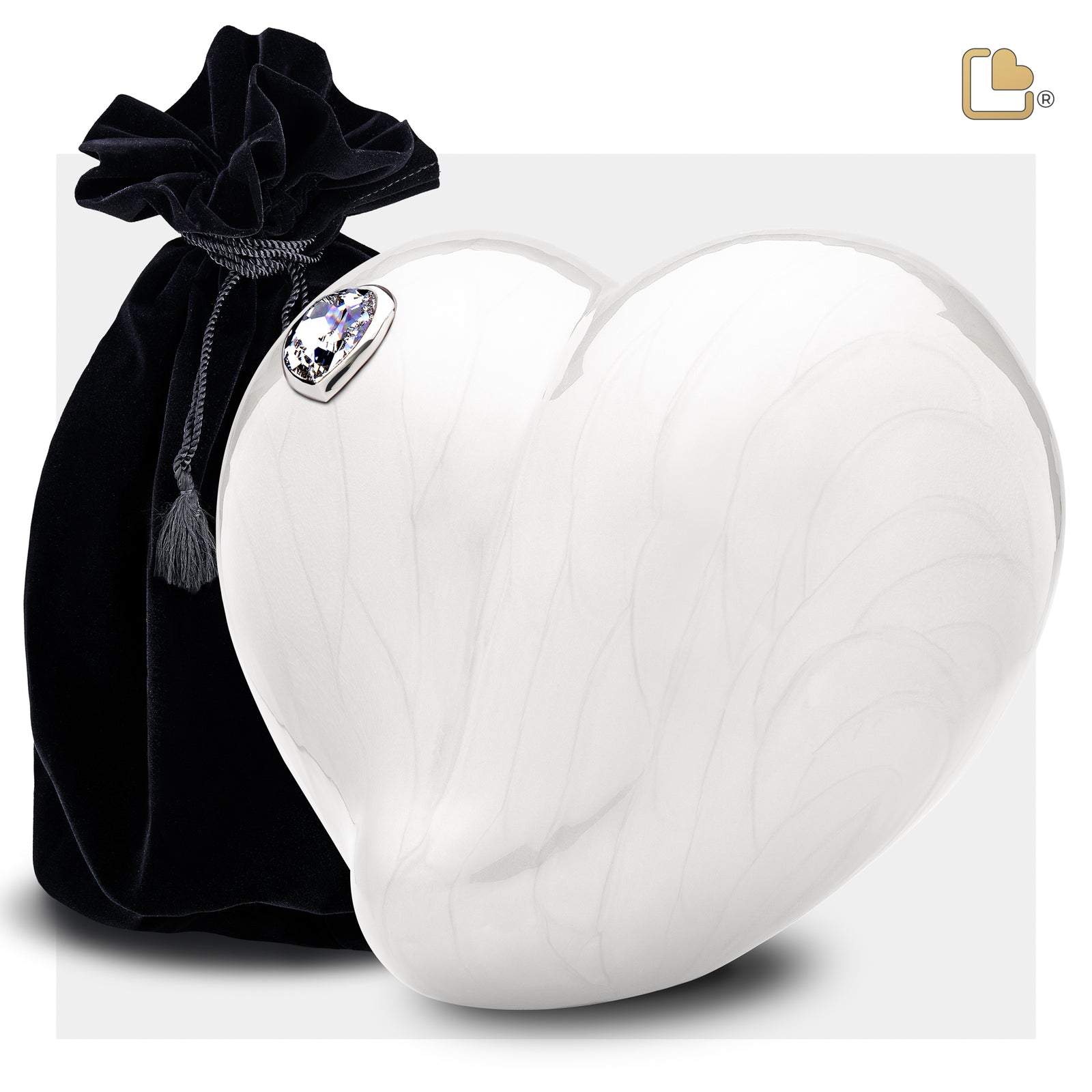 A1003 LoveHeart Standard Adult Urn Pearl White & Pol Silver w/Crystal