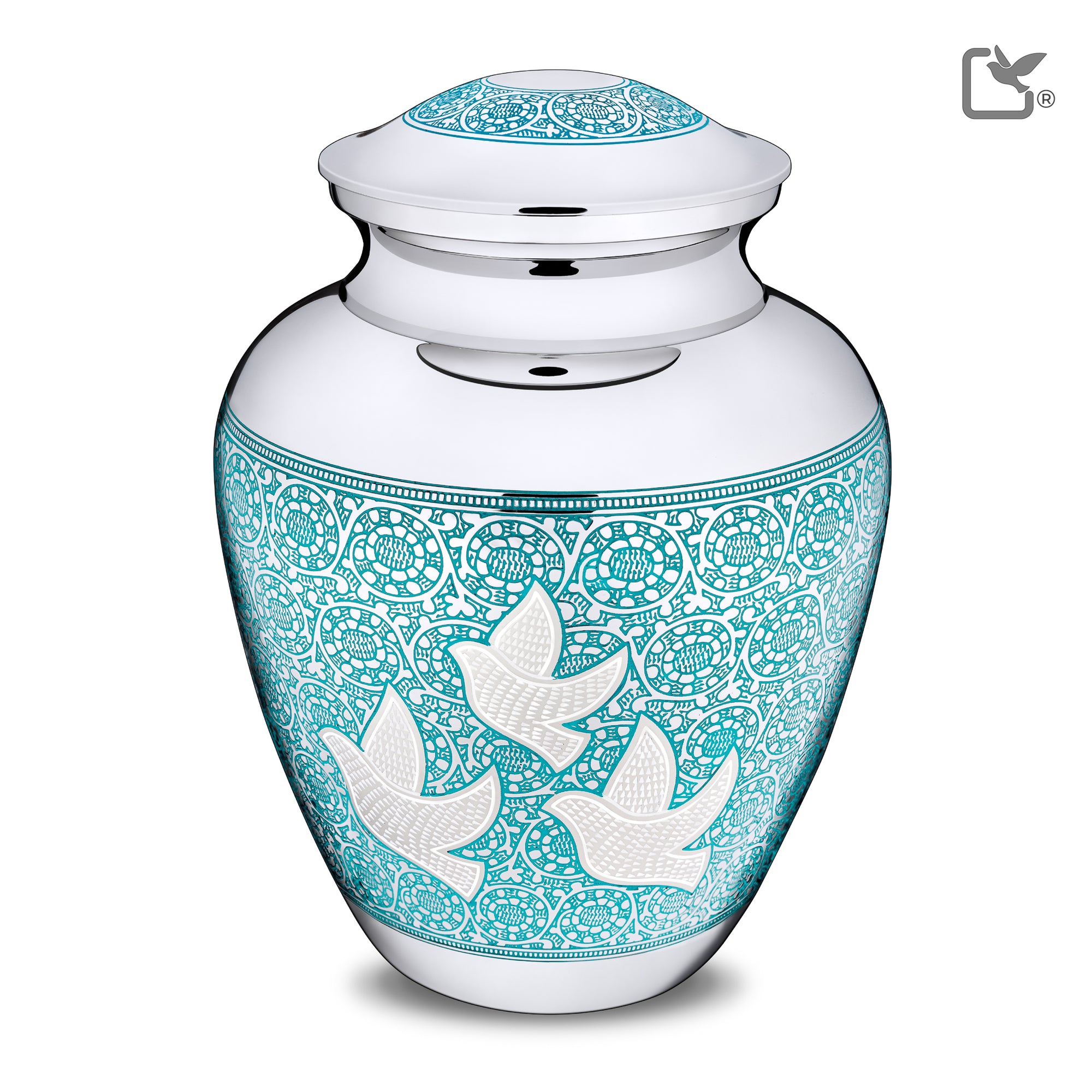 A232   Classic Soaring Doves Standard Adult Urn Blue & Pol Silver