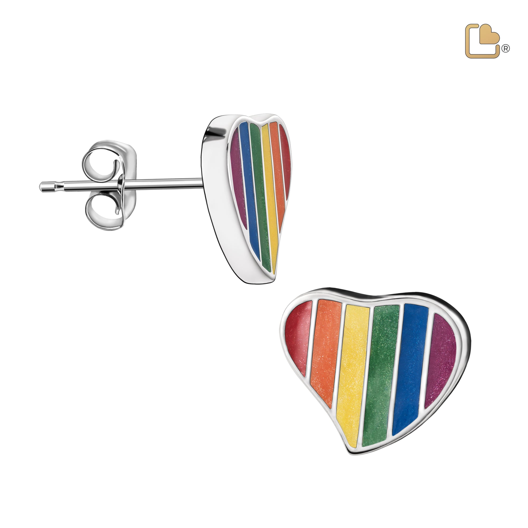 ER1003   Leaning Heart Pride Rainbow Stud Earrings Pol Silver
