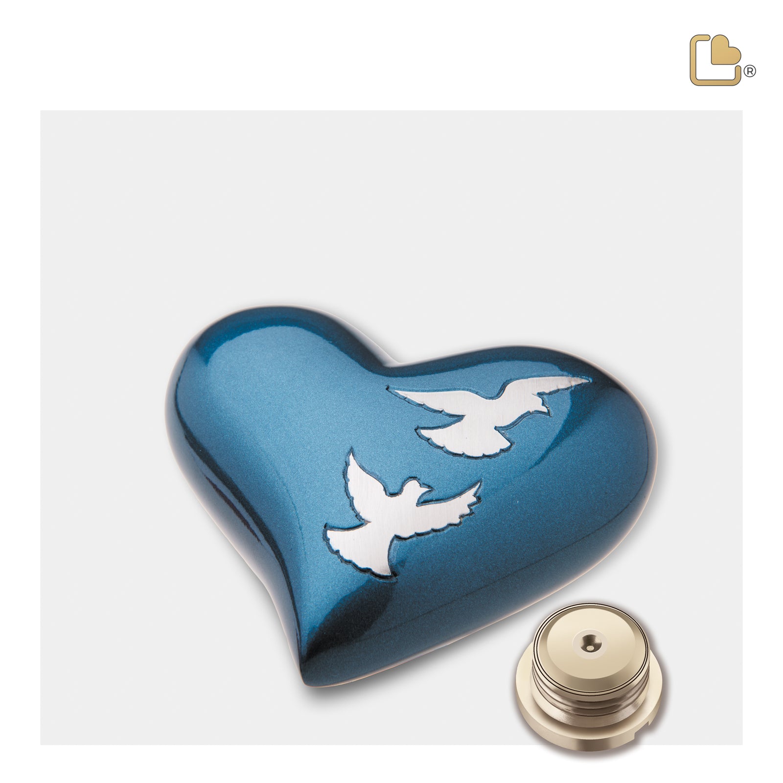 H572 Flying Doves Heart Keepsake Urn Blue & Bru Pewter