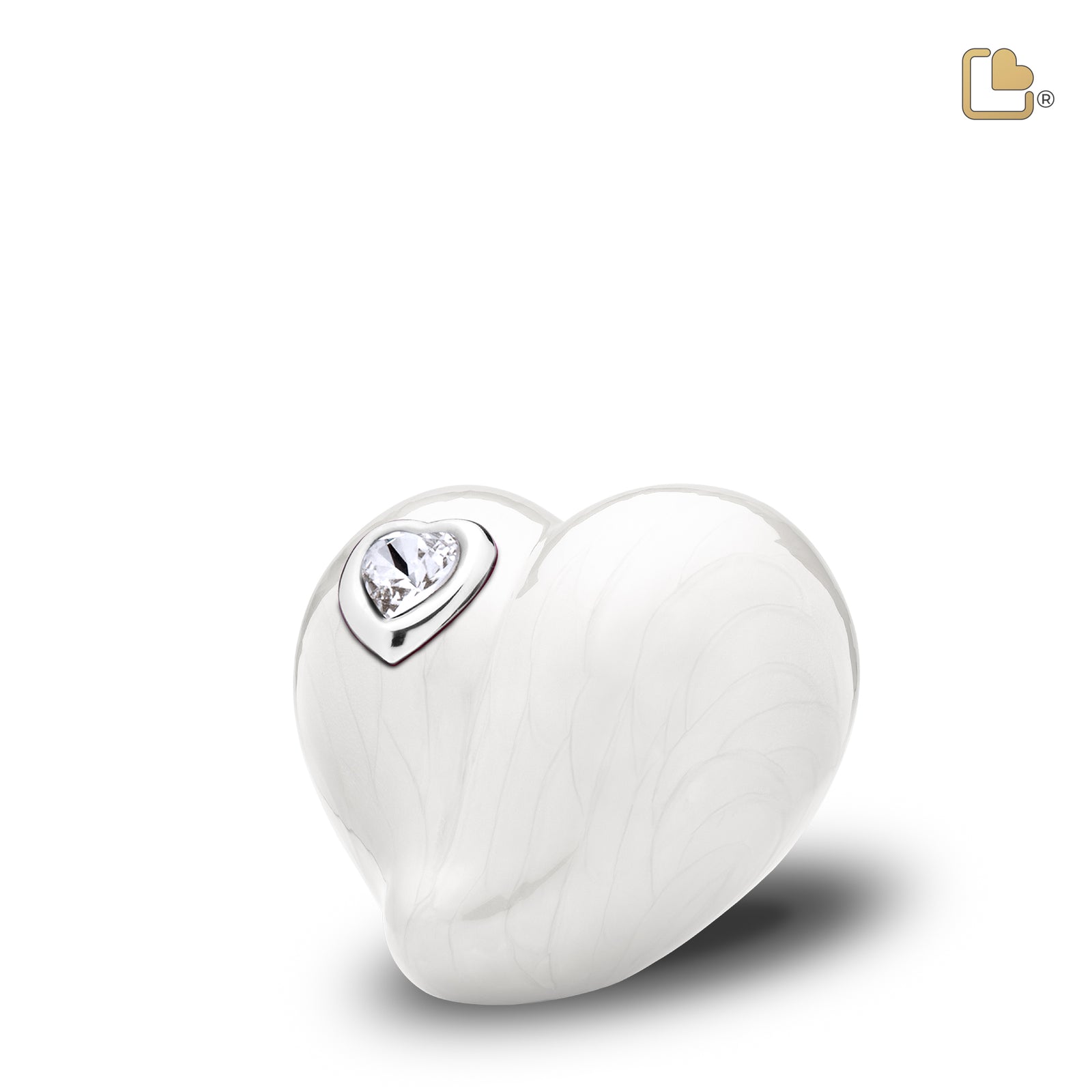 K1003 LoveHeart Keepsake Urn Pearl White & Pol Silver w/Crystal