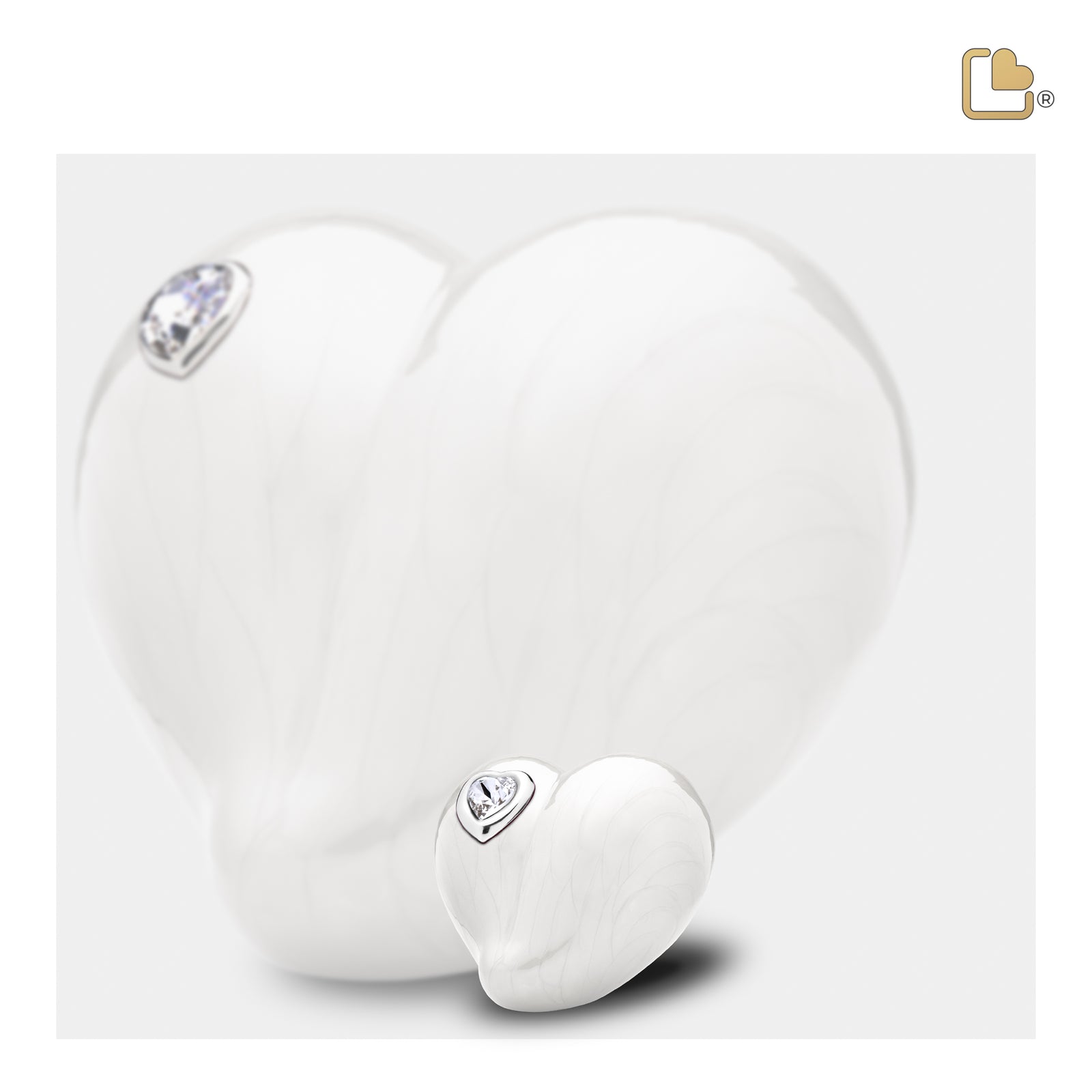 K1003 LoveHeart Keepsake Urn Pearl White & Pol Silver w/Crystal