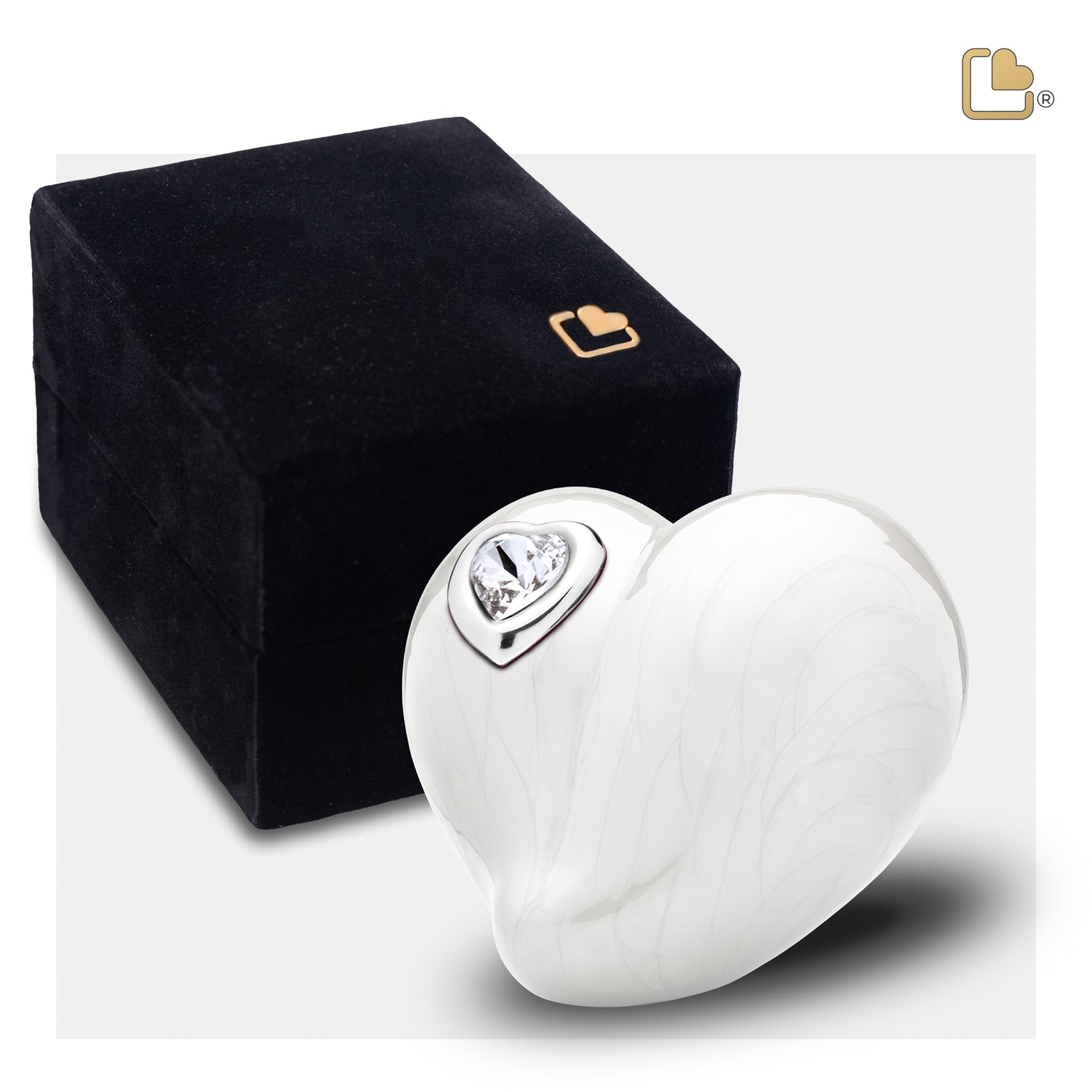 K1003 LoveHeart Keepsake Urn Pearl White & Pol Silver w/Crystal