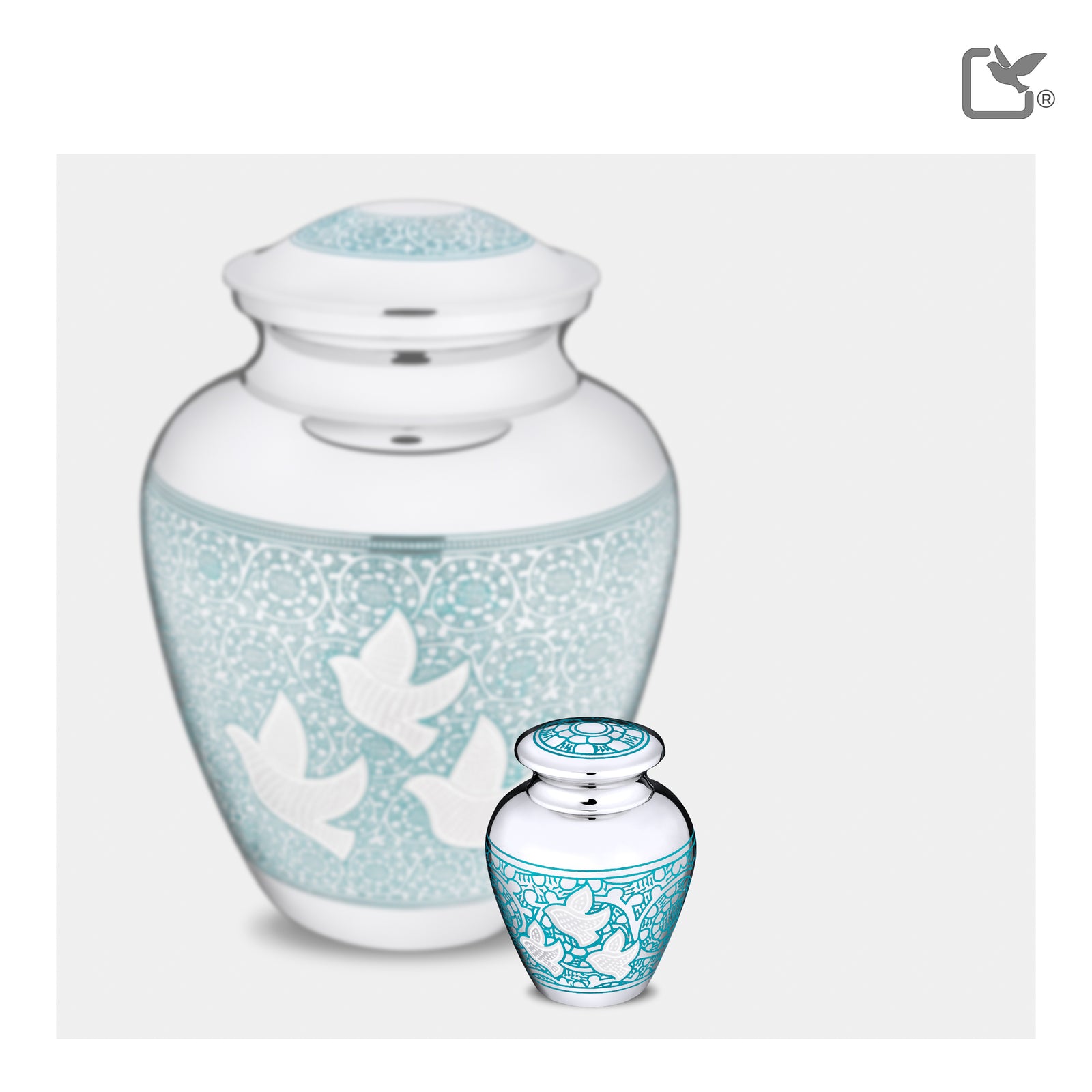 K232 Classic Soaring Doves Keepsake Urn Blue & Pol Silver