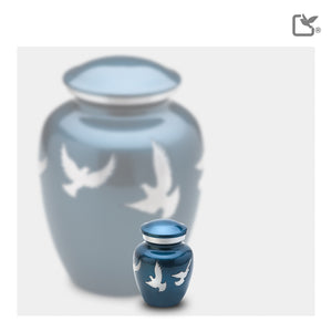 K572 Divine Flying Doves Keepsake Urn Blue & Bru Pewter