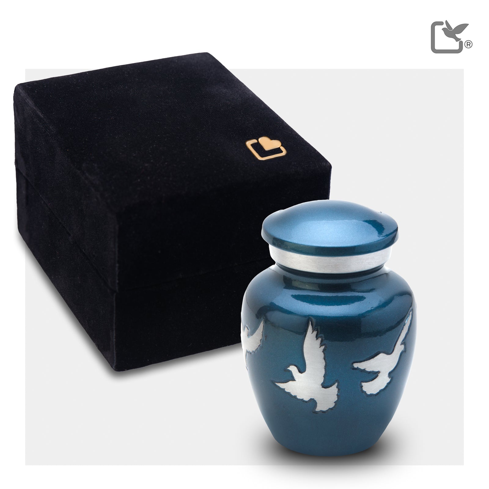 K572 Divine Flying Doves Keepsake Urn Blue & Bru Pewter