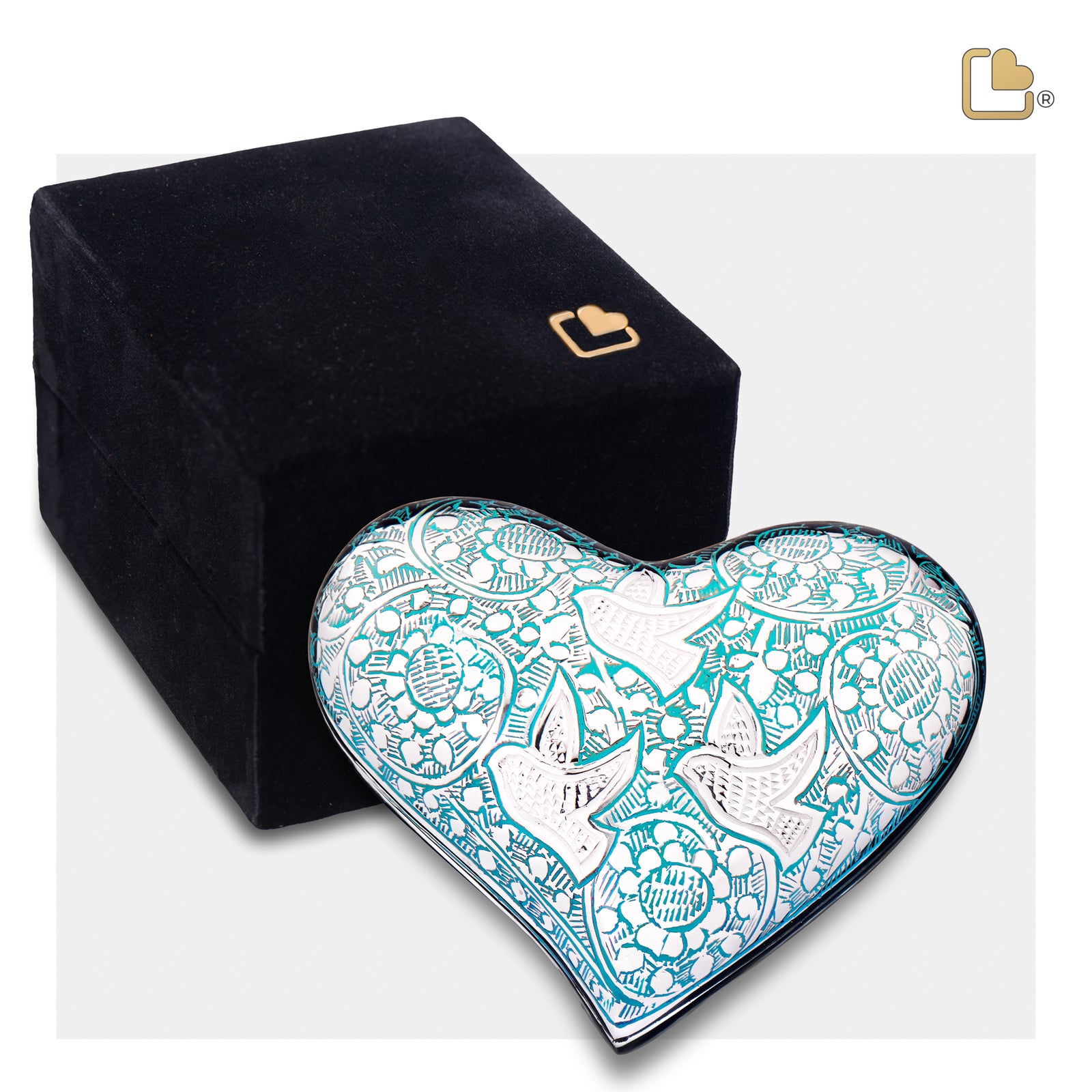 K632 Soaring Doves Heart Keepsake Urn Blue & Pol Silver