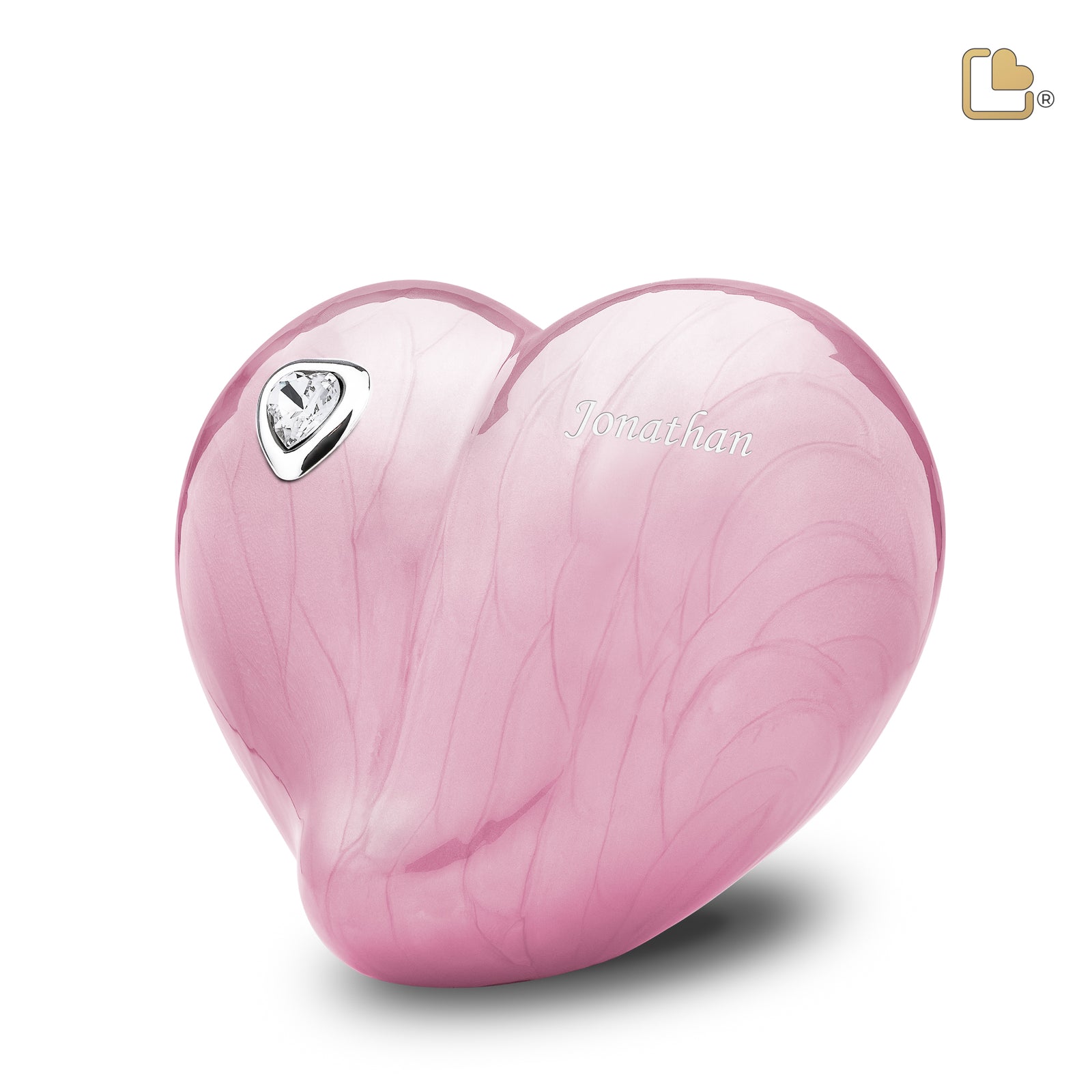 P1001 LoveHeart Child Urn Pearl Pink & Pol Silver w/Crystal