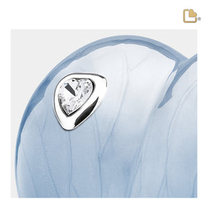 P1002 LoveHeart Child Urn Pearl Blue & Pol Silver w/Crystal