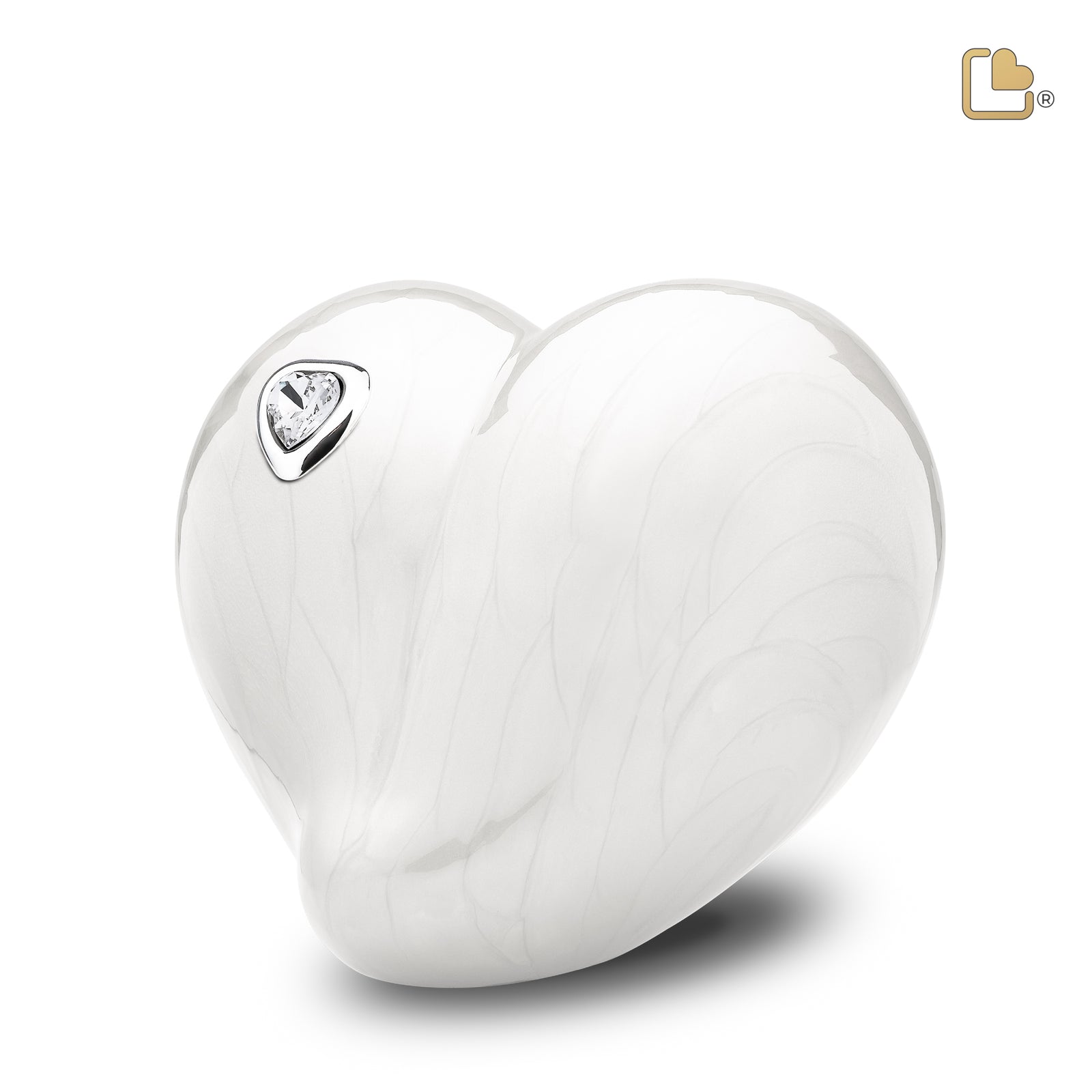 P1003 LoveHeart Child Urn Pearl White & Pol Silver w/Crystal