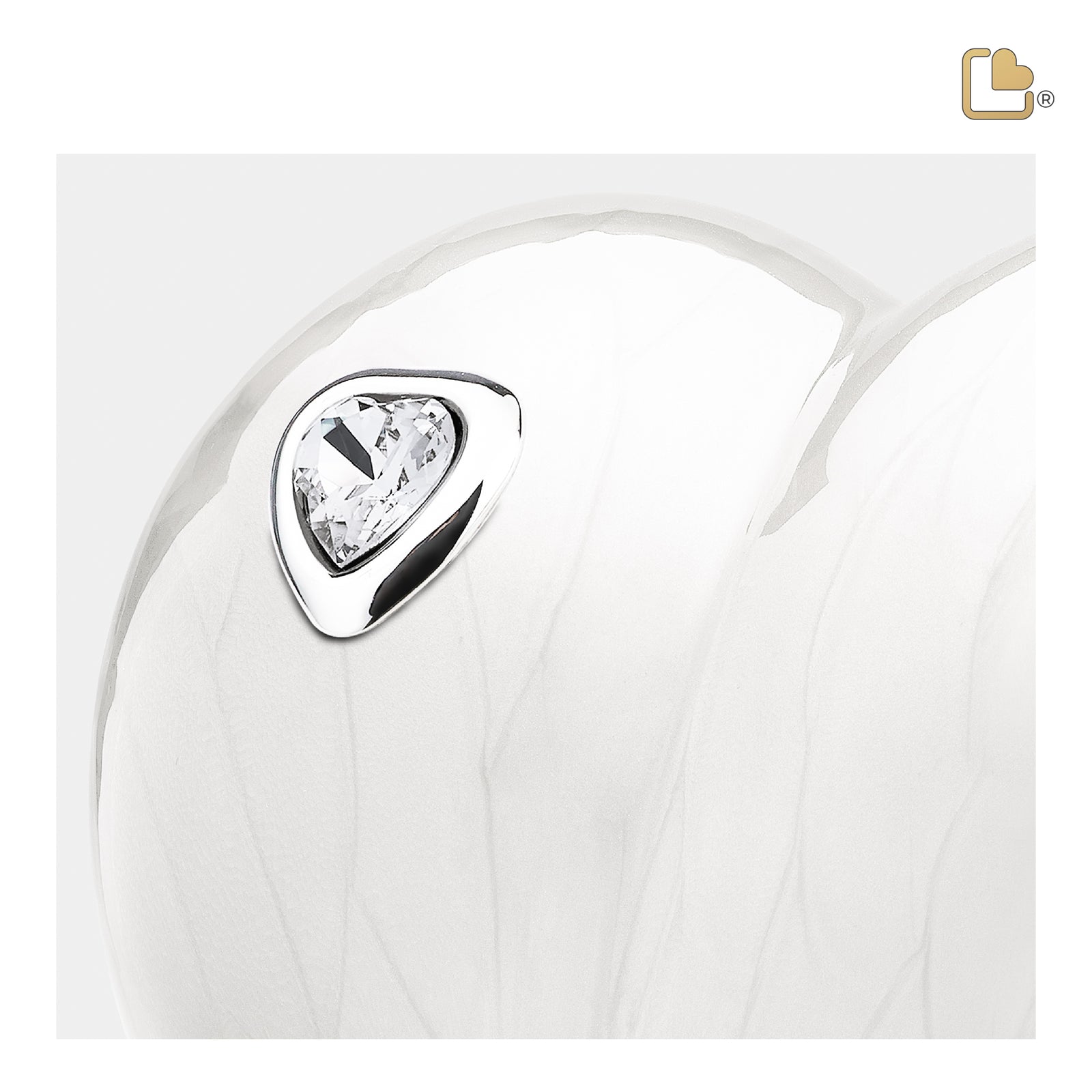 P1003 LoveHeart Child Urn Pearl White & Pol Silver w/Crystal