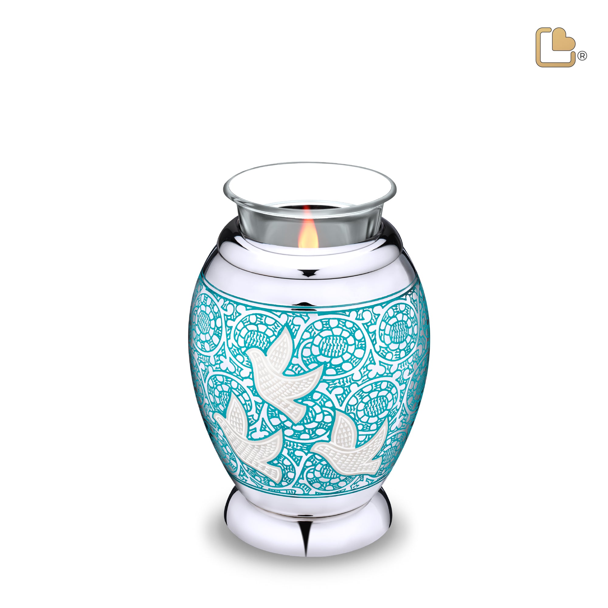 T501   Classic Soaring Doves Tealight Urn Blue & Pol Silver