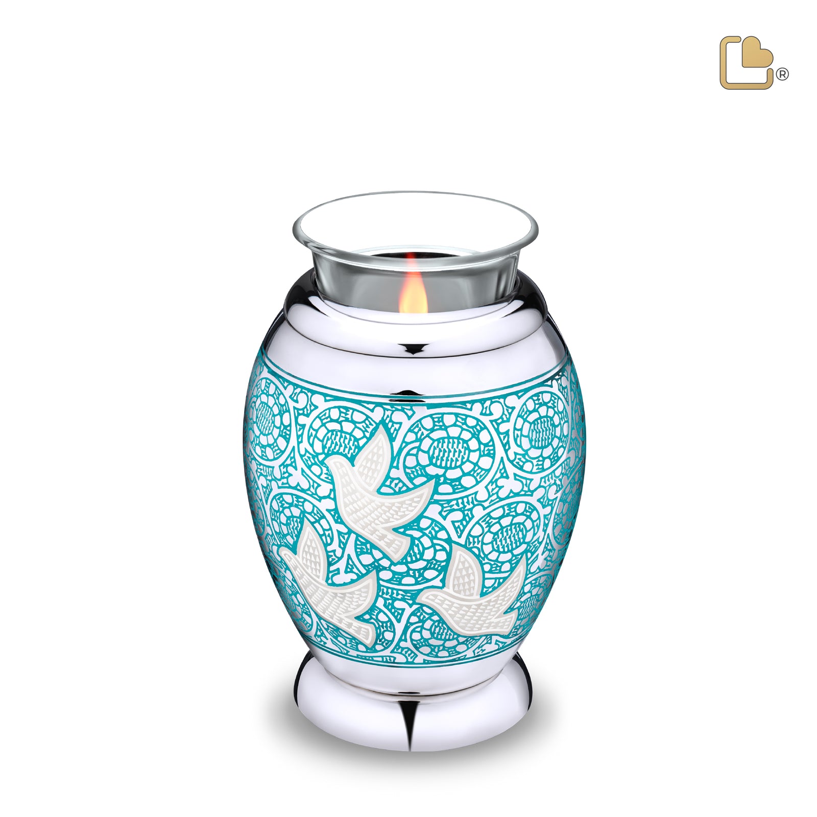 T501 Classic Soaring Doves Tealight Urn Blue & Pol Silver