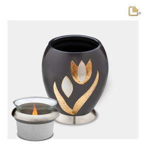 T502 Majestic Tulip Tealight Urn Midnight & Bru Pewter