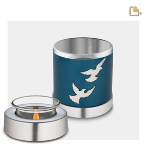 T572 Divine Flying Doves Tealight Urn Blue & Bru Pewter