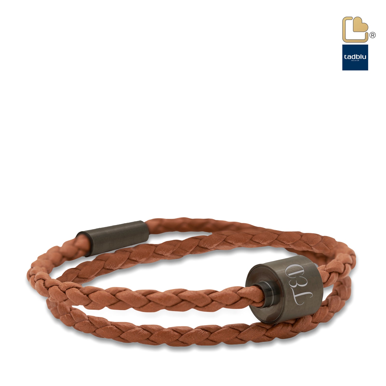 TB-BE-BB3-L Memento Bracelet (L) Braided Leather Black Ashes Bead Cognac