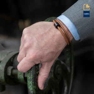 TB-BE-BL3-L Memento Bracelet (L) Smooth Leather Black Ashes Bead Cognac