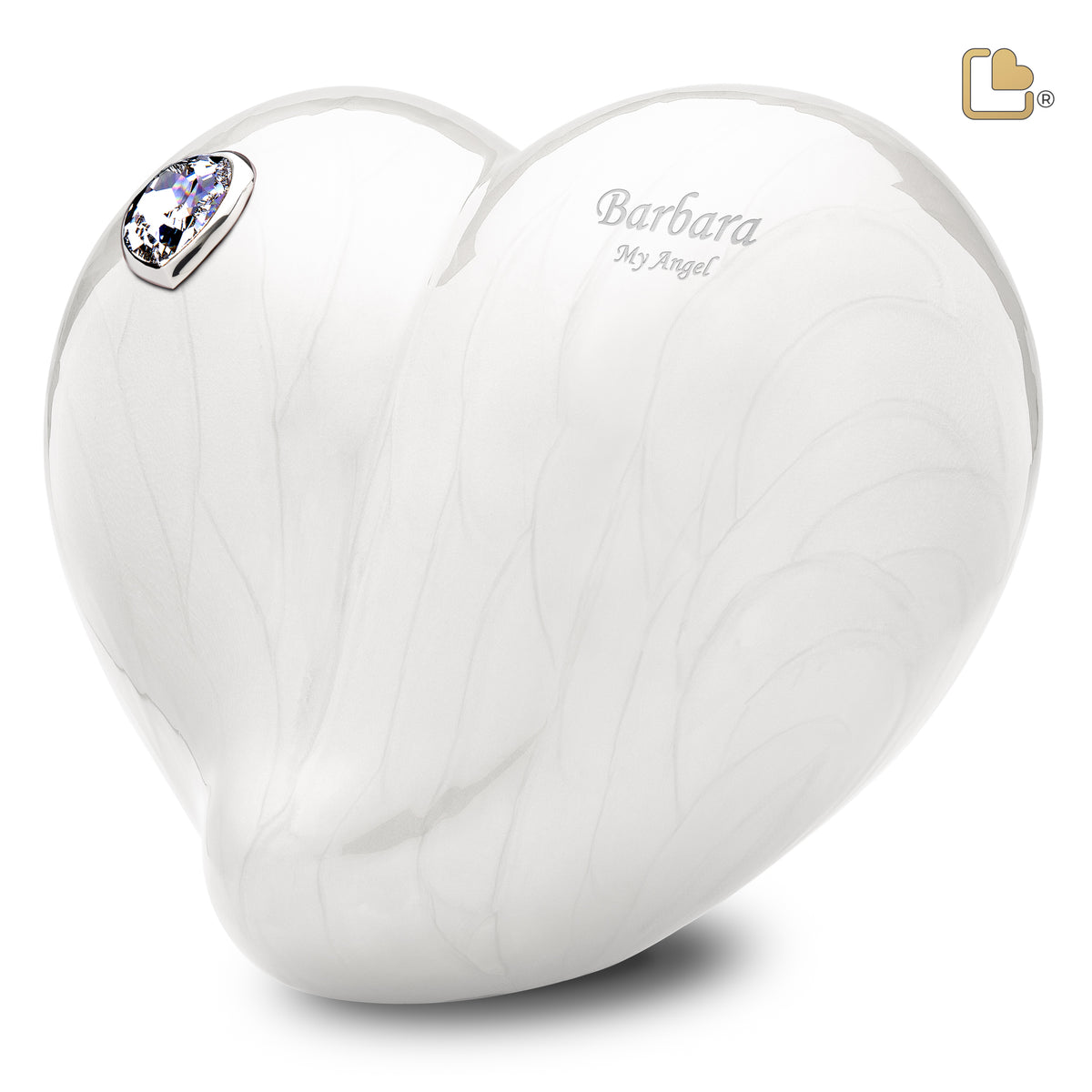 A1003   LoveHeart Standard Adult Urn Pearl White &amp; Pol Silver w/Crystal
