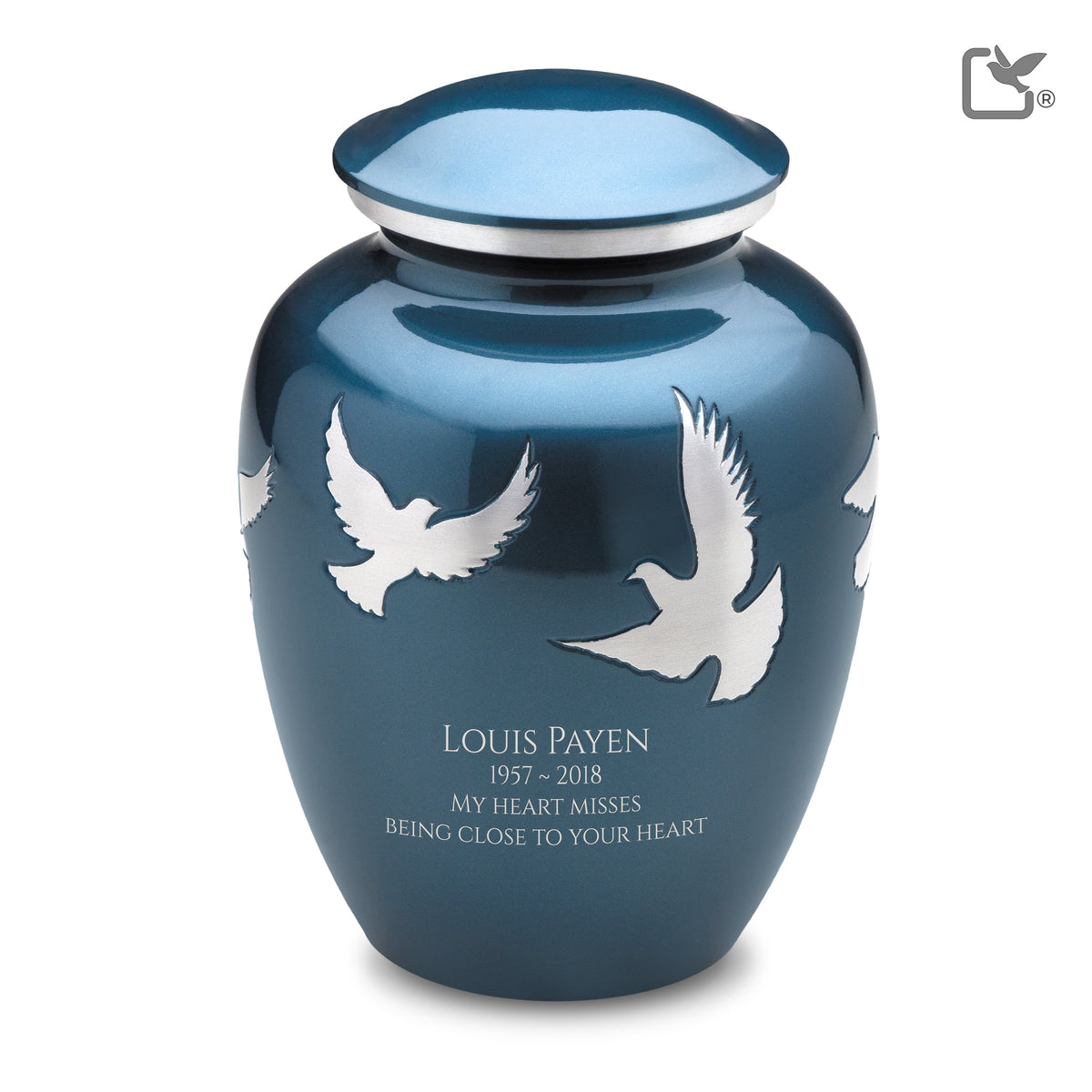 A572   Divine Flying Doves Standard Adult Urn Blue &amp; Bru Pewter