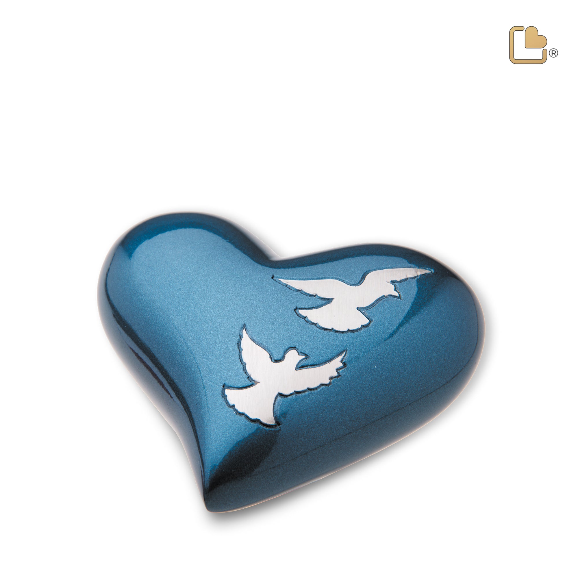 H572   Flying Doves Heart Keepsake Urn Blue & Bru Pewter
