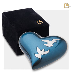 H572   Flying Doves Heart Keepsake Urn Blue & Bru Pewter
