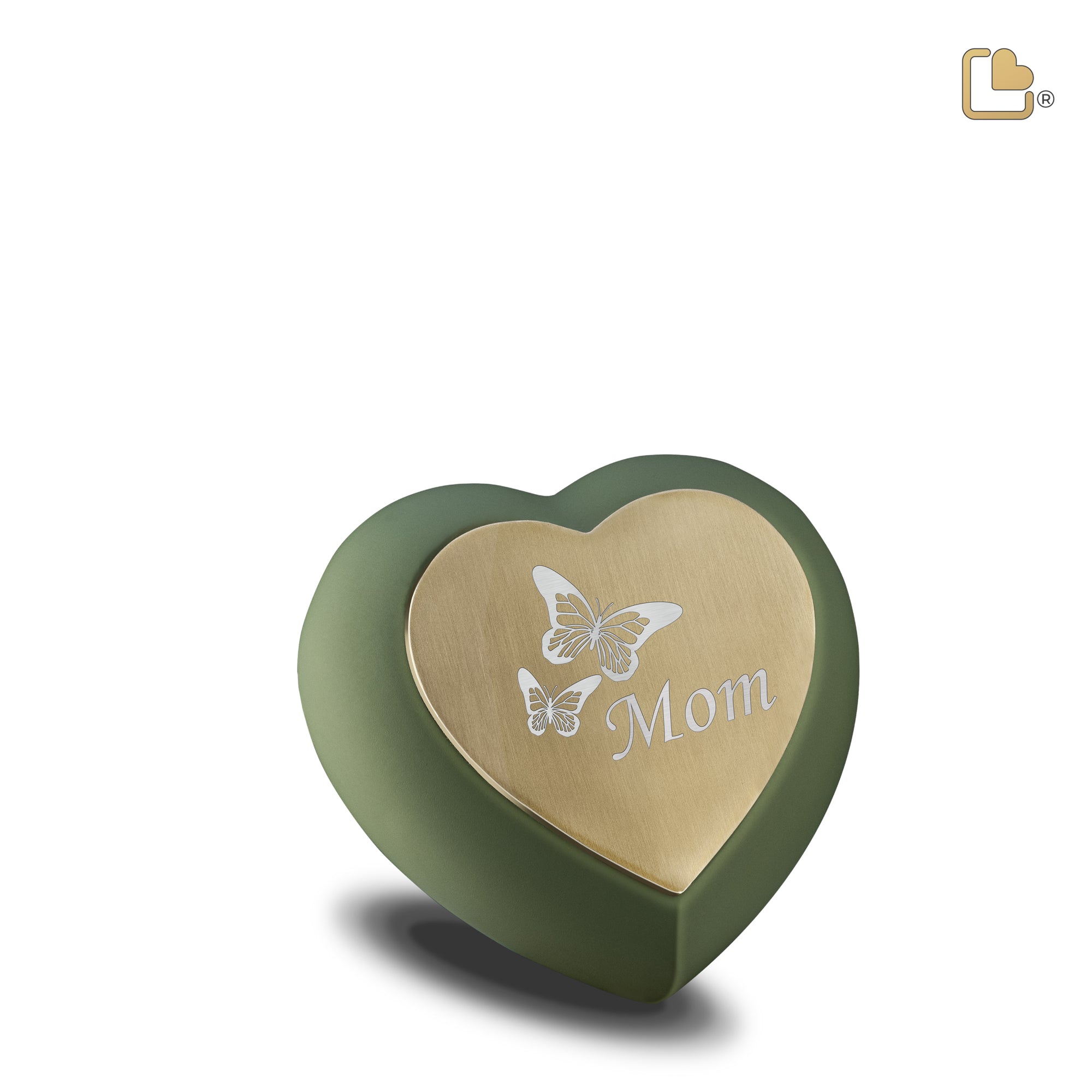 H585   Drop Heart Keepsake Urn Sage Green & Bru Gold