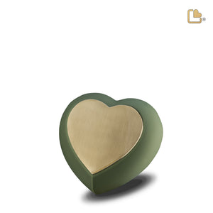 H585   Drop Heart Keepsake Urn Sage Green & Bru Gold