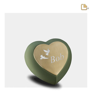 H585   Drop Heart Keepsake Urn Sage Green & Bru Gold