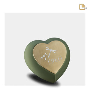 H585   Drop Heart Keepsake Urn Sage Green & Bru Gold