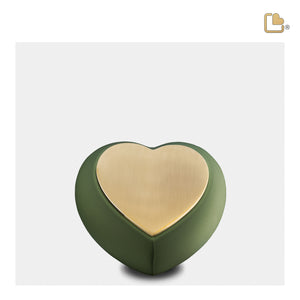 H585   Drop Heart Keepsake Urn Sage Green & Bru Gold