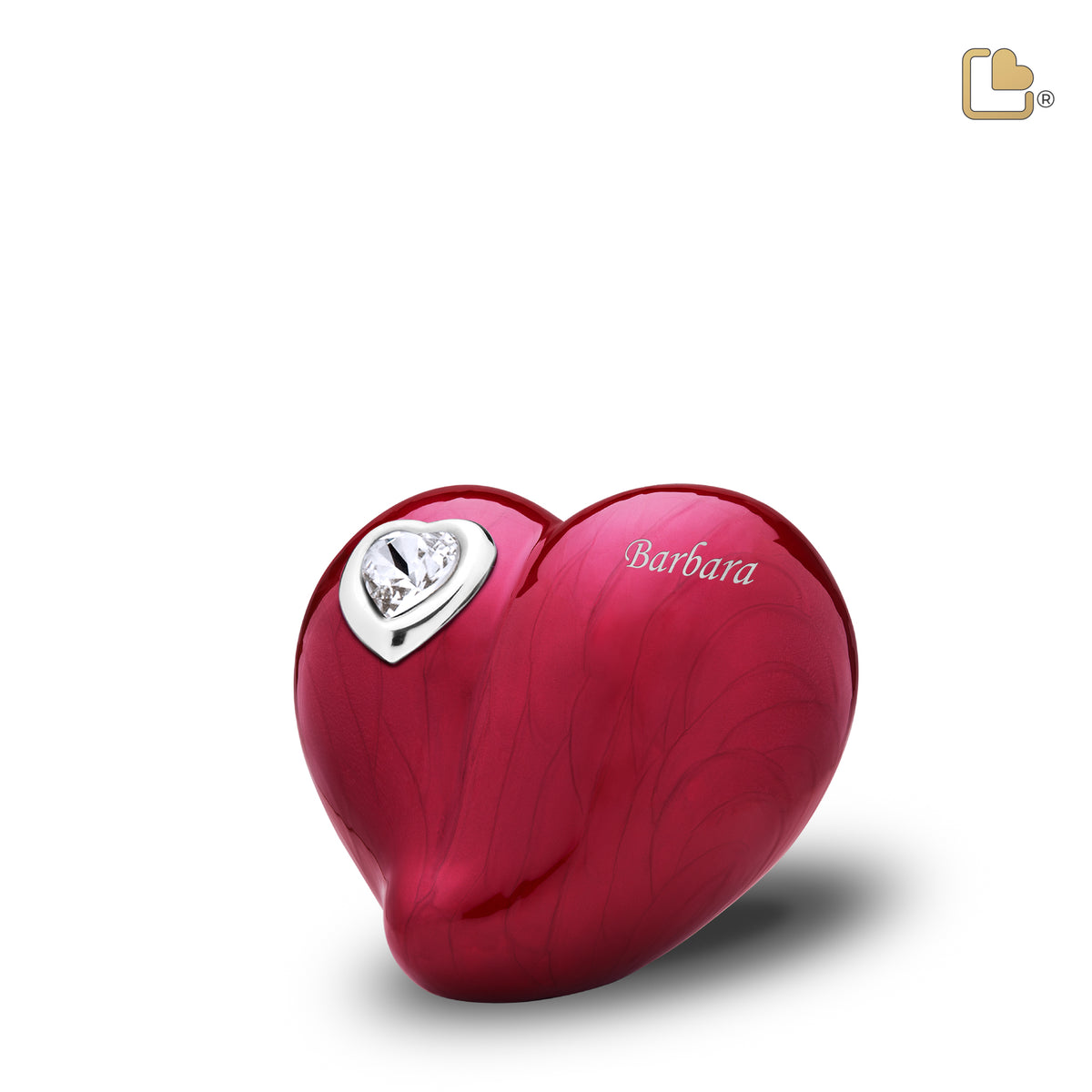 K1000   LoveHeart Keepsake Urn Pearl Red &amp; Pol Silver w/Crystal