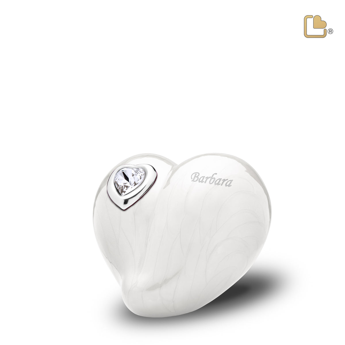 K1003   LoveHeart Keepsake Urn Pearl White &amp; Pol Silver w/Crystal