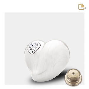 K1003   LoveHeart Keepsake Urn Pearl White & Pol Silver w/Crystal