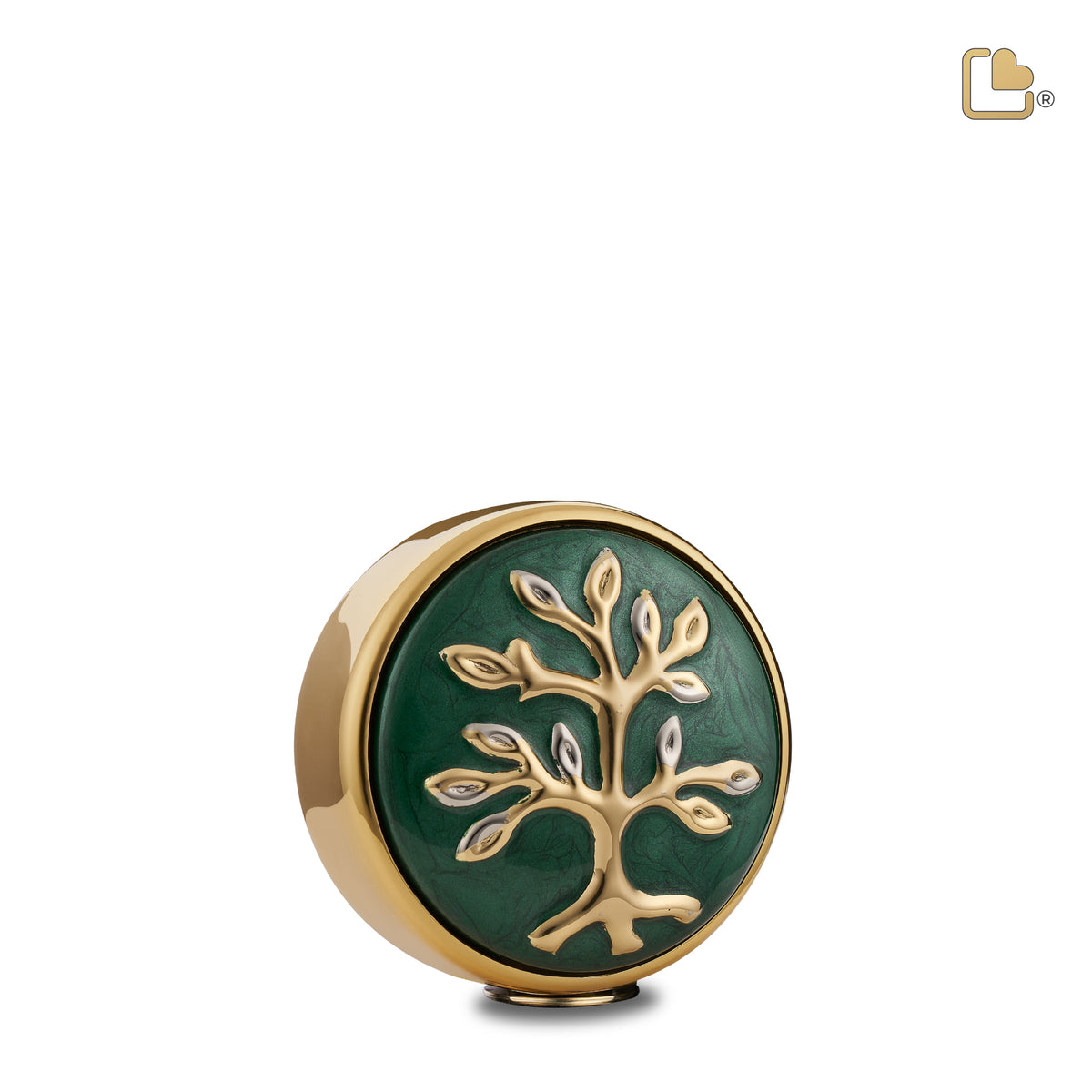 K1100   Tree of Love Keepsake Urn Pearl Green &amp; Pol Gold