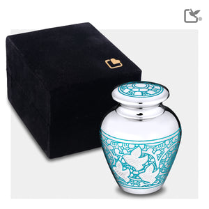 K232   Classic Soaring Doves Keepsake Urn Blue & Pol Silver