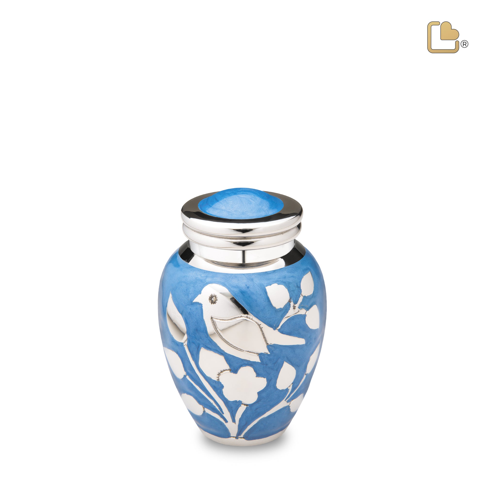 K280   BlessingBirds Keepsake Urn Pearl Blue & Pol Silver