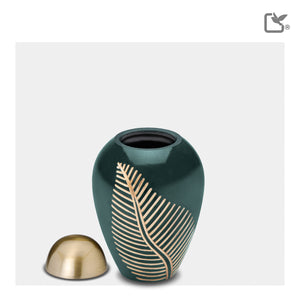 K540   Elegant Leaf Keepsake Urn Green & Bru Gold