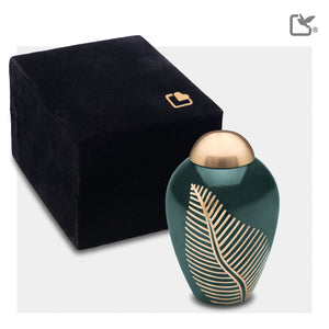 K540   Elegant Leaf Keepsake Urn Green & Bru Gold