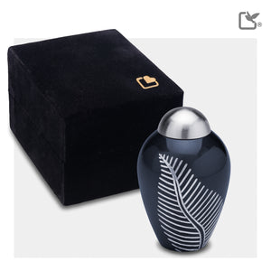 K542   Elegant Leaf Keepsake Urn Midnight & Bru Pewter