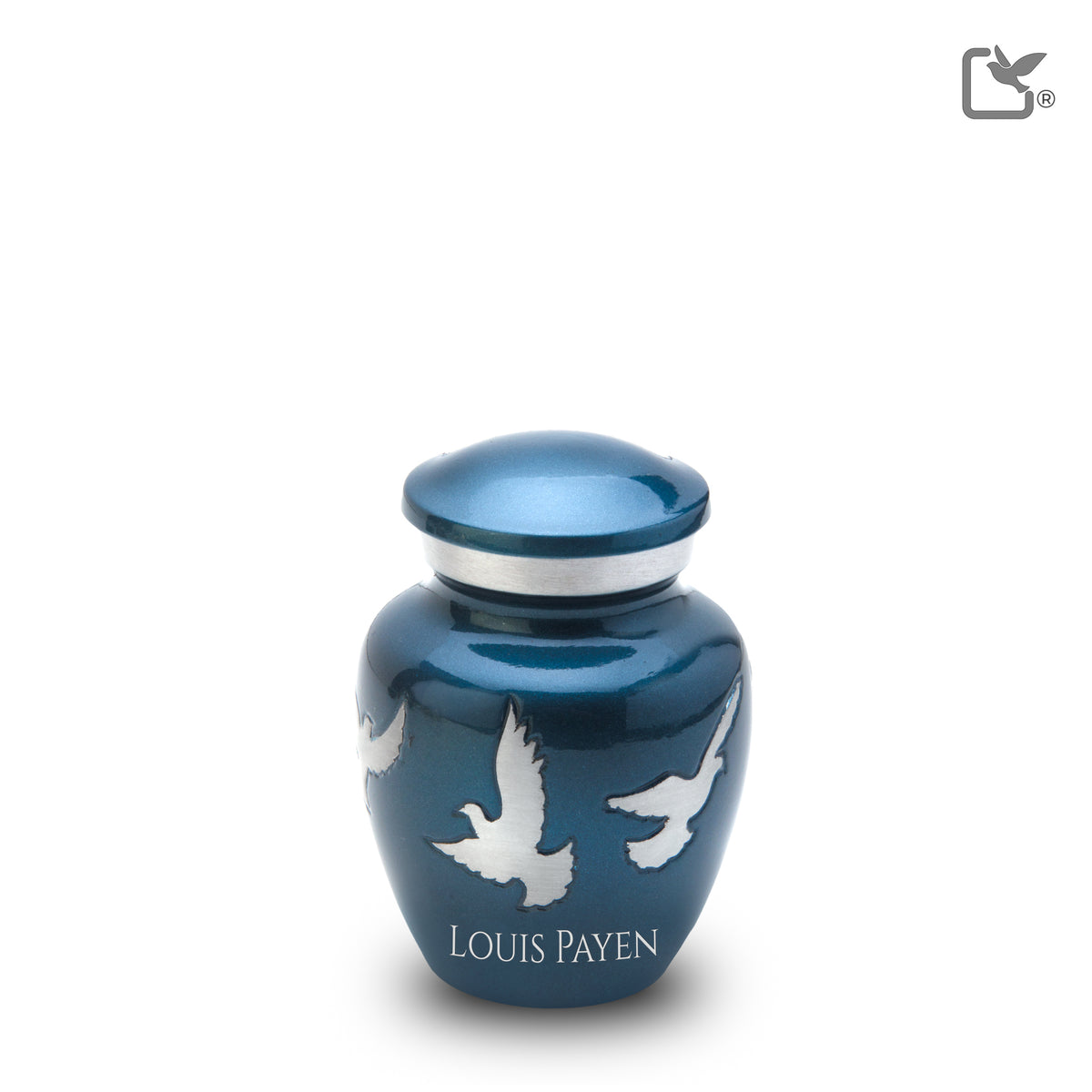 K572   Divine Flying Doves Keepsake Urn Blue & Bru Pewter