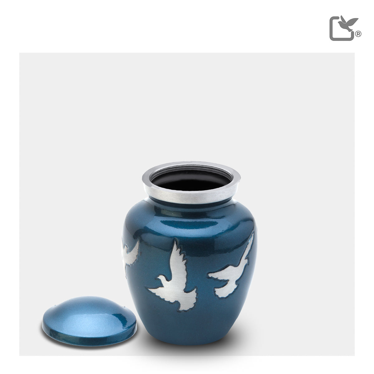 K572   Divine Flying Doves Keepsake Urn Blue & Bru Pewter