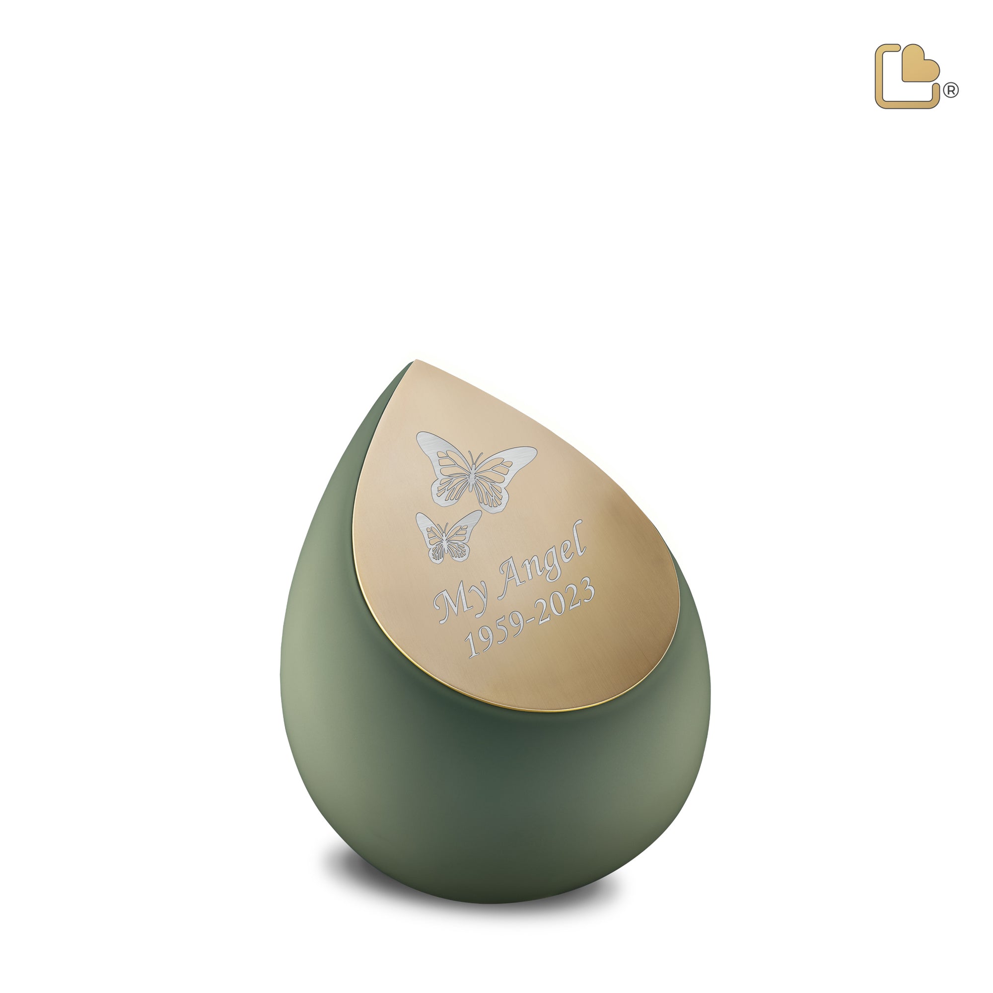 K585   Drop Keepsake Urn Sage Green & Bru Gold