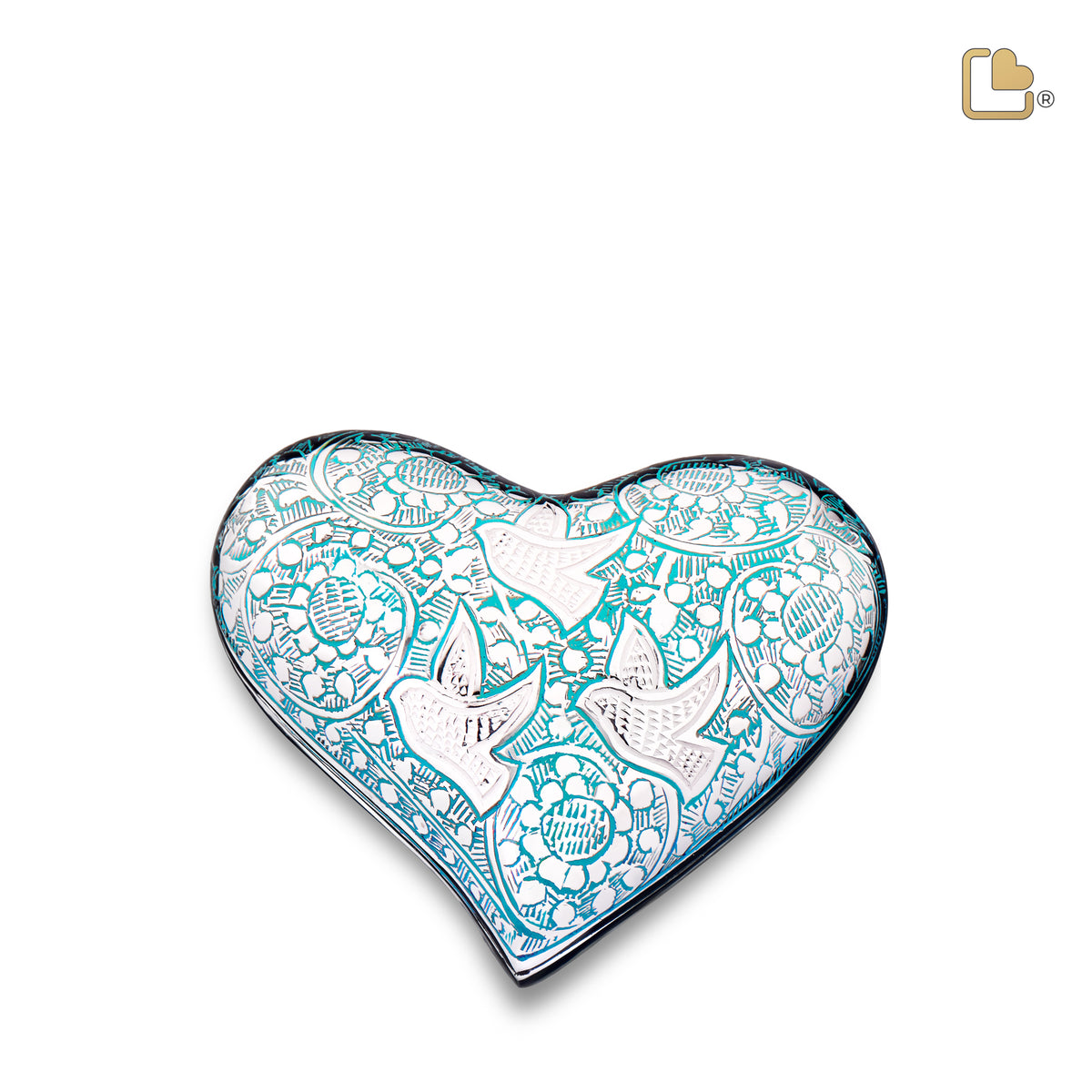 K632   Soaring Doves Heart Keepsake Urn Blue &amp; Pol Silver