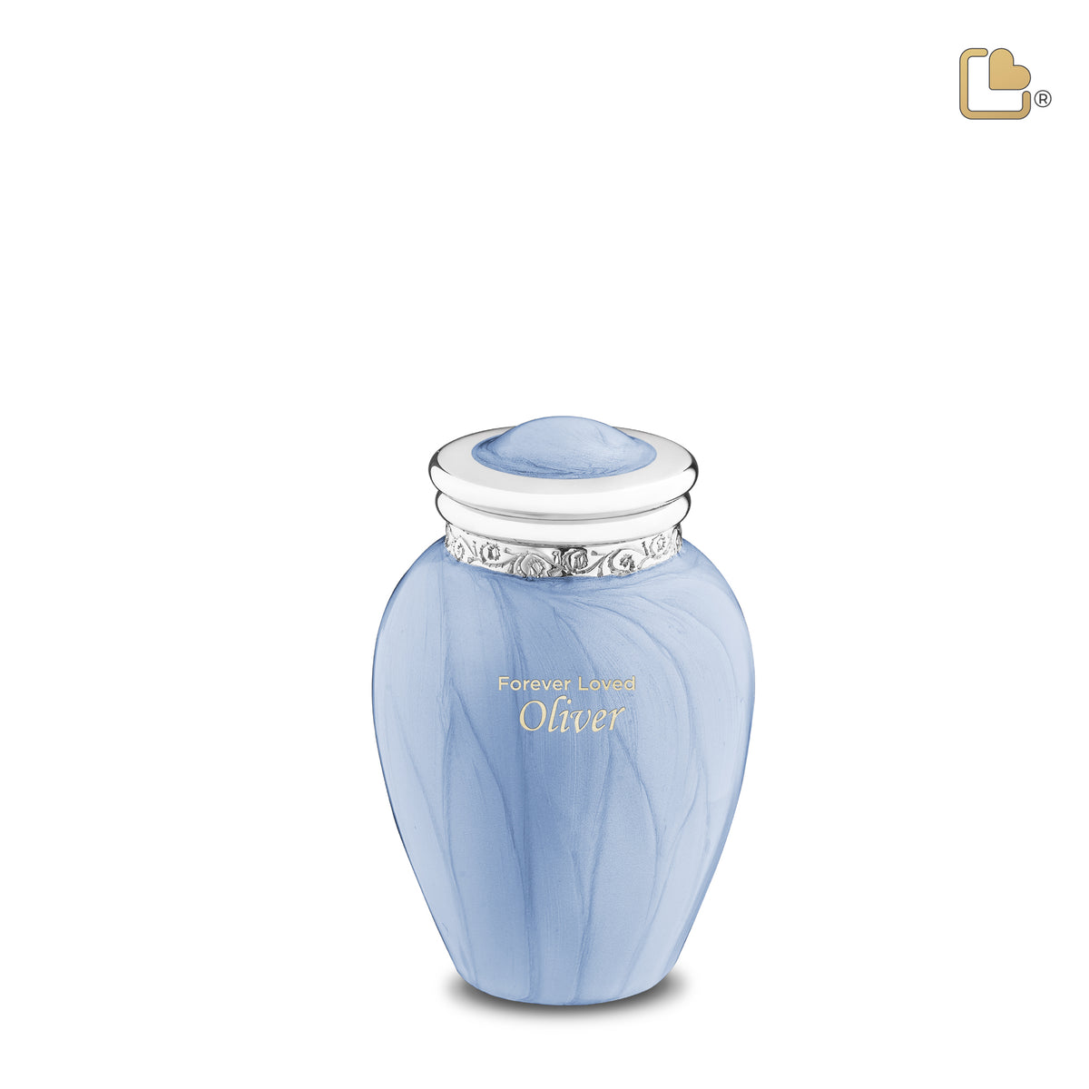 K668   Blessing Keepsake Urn Pearl Blue &amp; Pol Silver