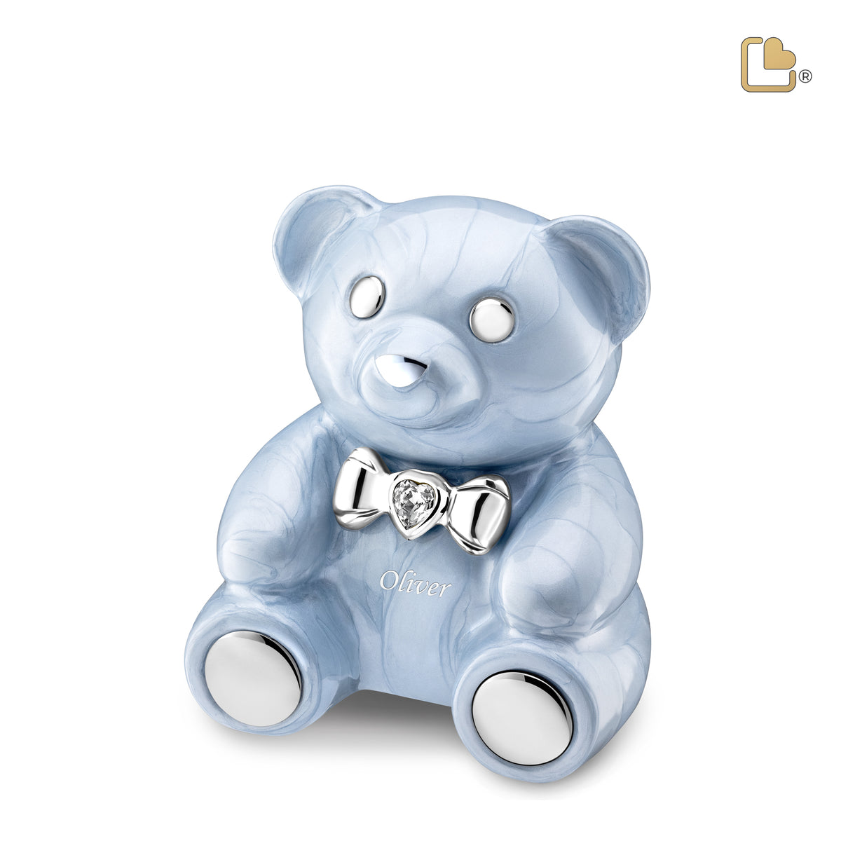 M1011   CuddleBear Child Urn Pearl Blue &amp; Pol Silver w/Crystal