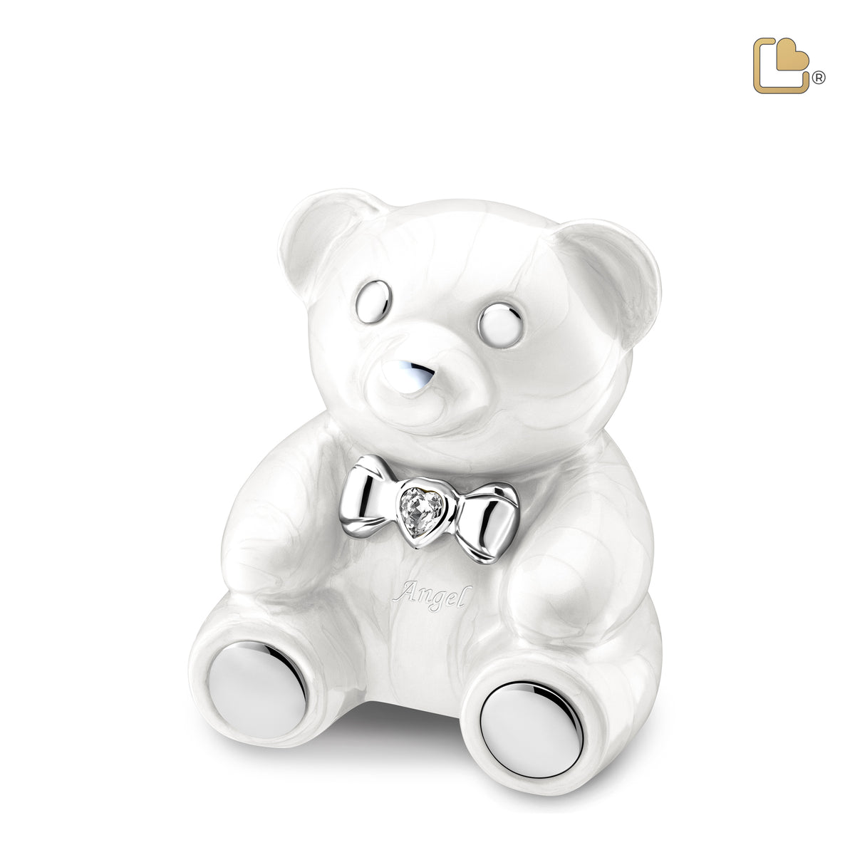 M1012   CuddleBear Child Urn Pearl White & Pol Silver w/Crystal