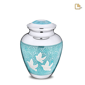 M232   Classic Soaring Doves Medium Urn Blue & Pol Silver