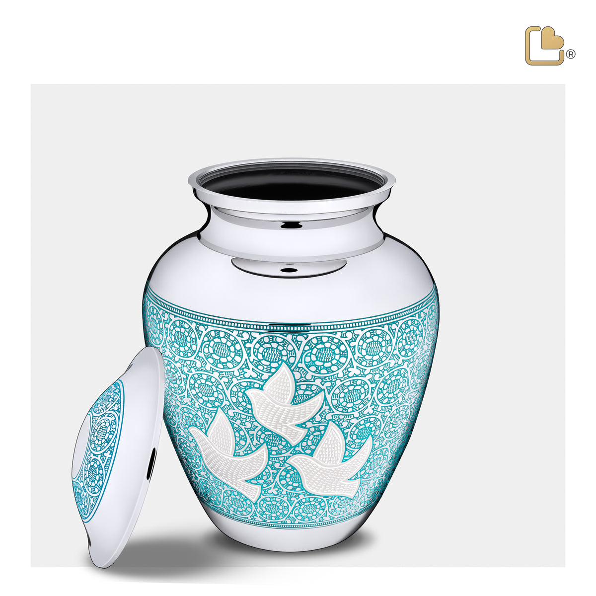 M232   Classic Soaring Doves Medium Urn Blue & Pol Silver